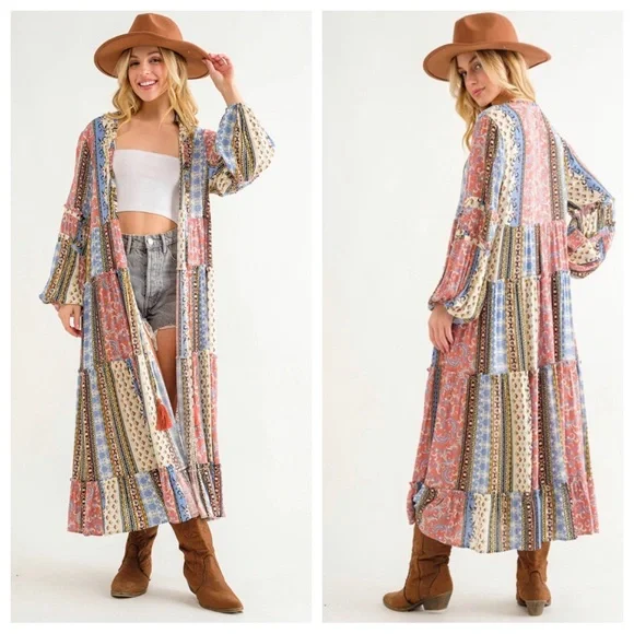 01 ✨RESTOCKED✨Boho Border Print Woven Kimono Long Cardigan - Picture 1 of 6